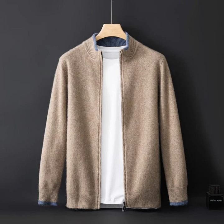 "Herren Merino Wolle Strickjacke mit Reißverschluss, grau meliert, komfortabel, atmungsaktiv, ideal für verschiedene Anlässe.