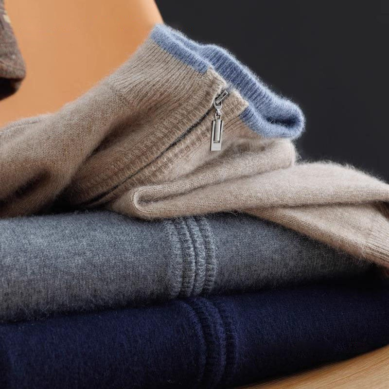 "Herren Merino Wolle Strickjacke mit Reißverschluss, grau meliert, komfortabel, atmungsaktiv, ideal für verschiedene Anlässe.