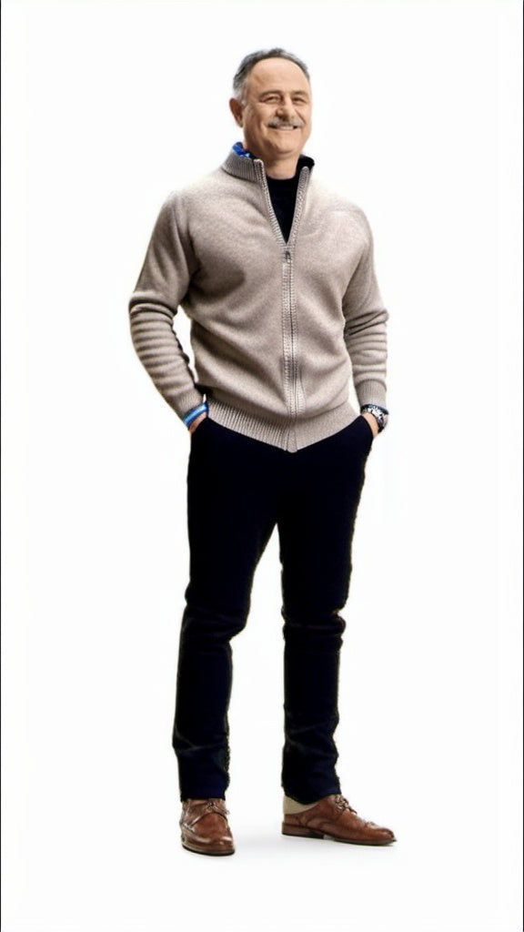 "Herren Merino Wolle Strickjacke mit Reißverschluss, grau meliert, komfortabel, atmungsaktiv, ideal für verschiedene Anlässe.