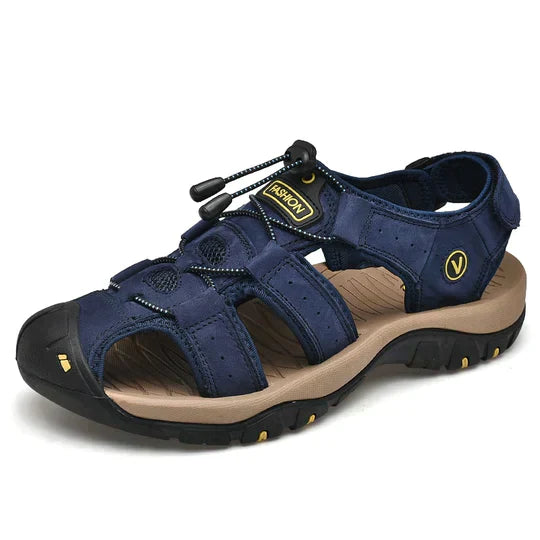 Herren orthopädische Sandalen, braun, offene Zehen, verstellbare Riemen, Fußgewölbestütze, stoßdämpfende Sohlen.