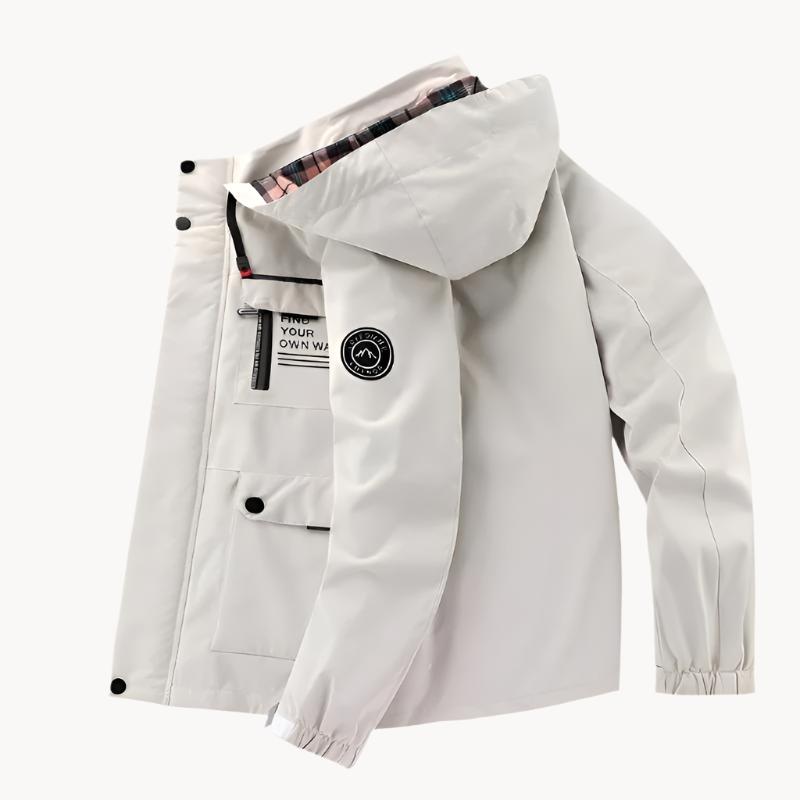 "Herren Outdoor-Jacke, dunkelblau, wasser- und winddicht, mit verstellbarer Kapuze und Taschen, atmungsaktiv, für Abenteuer."