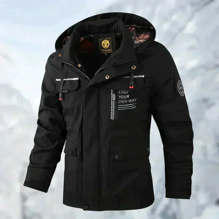 "Herren Outdoor-Jacke, dunkelblau, wasser- und winddicht, mit verstellbarer Kapuze und Taschen, atmungsaktiv, für Abenteuer."