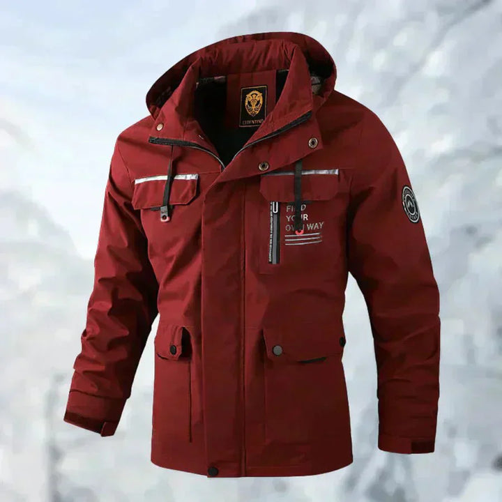 "Herren Outdoor-Jacke, dunkelblau, wasser- und winddicht, mit verstellbarer Kapuze und Taschen, atmungsaktiv, für Abenteuer."