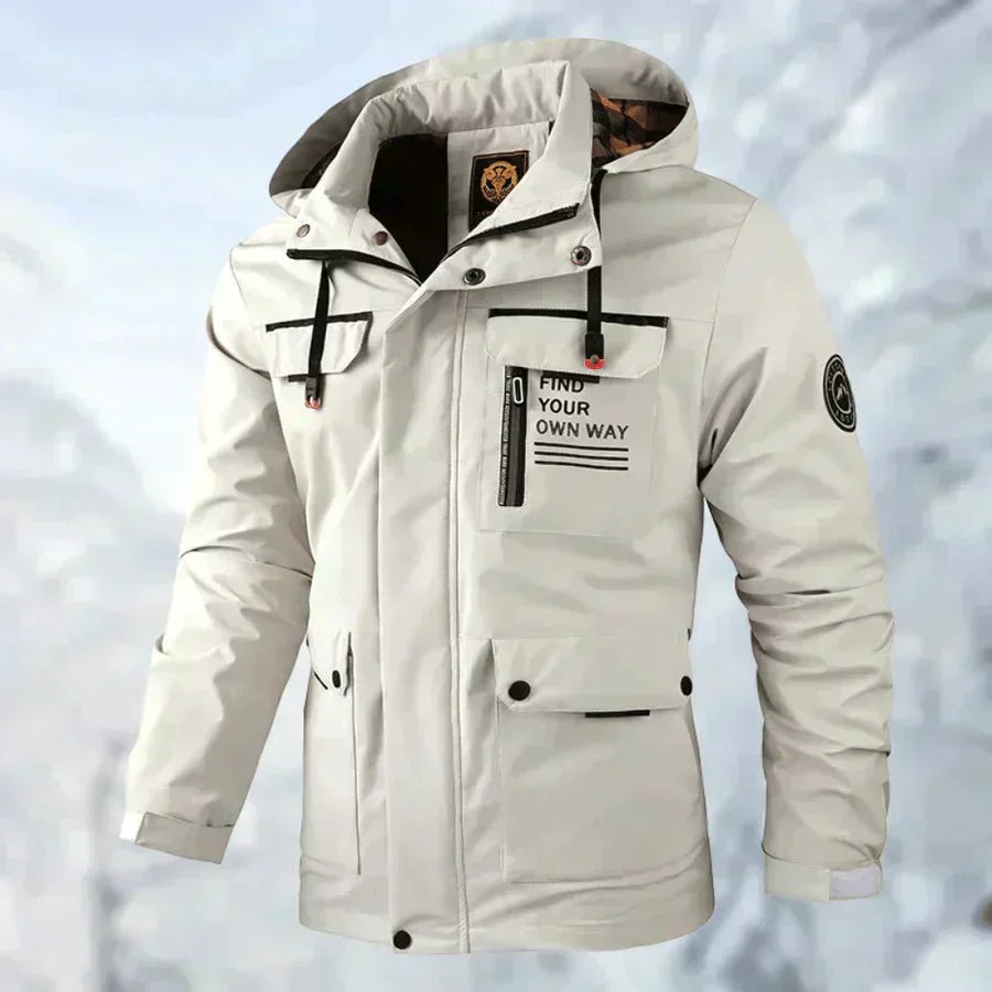 "Herren Outdoor-Jacke, dunkelblau, wasser- und winddicht, mit verstellbarer Kapuze und Taschen, atmungsaktiv, für Abenteuer."