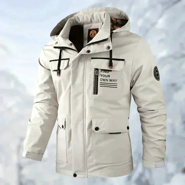 "Herren Outdoor-Jacke, dunkelblau, wasser- und winddicht, mit verstellbarer Kapuze und Taschen, atmungsaktiv, für Abenteuer."