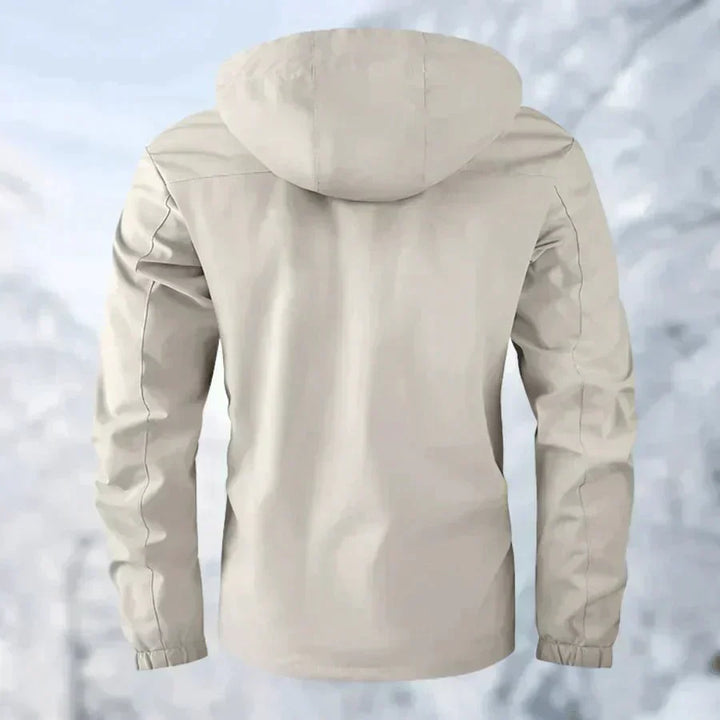 "Herren Outdoor-Jacke, dunkelblau, wasser- und winddicht, mit verstellbarer Kapuze und Taschen, atmungsaktiv, für Abenteuer."