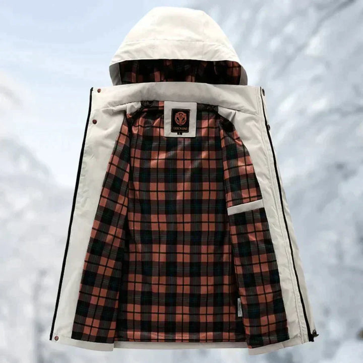 "Herren Outdoor-Jacke, dunkelblau, wasser- und winddicht, mit verstellbarer Kapuze und Taschen, atmungsaktiv, für Abenteuer."