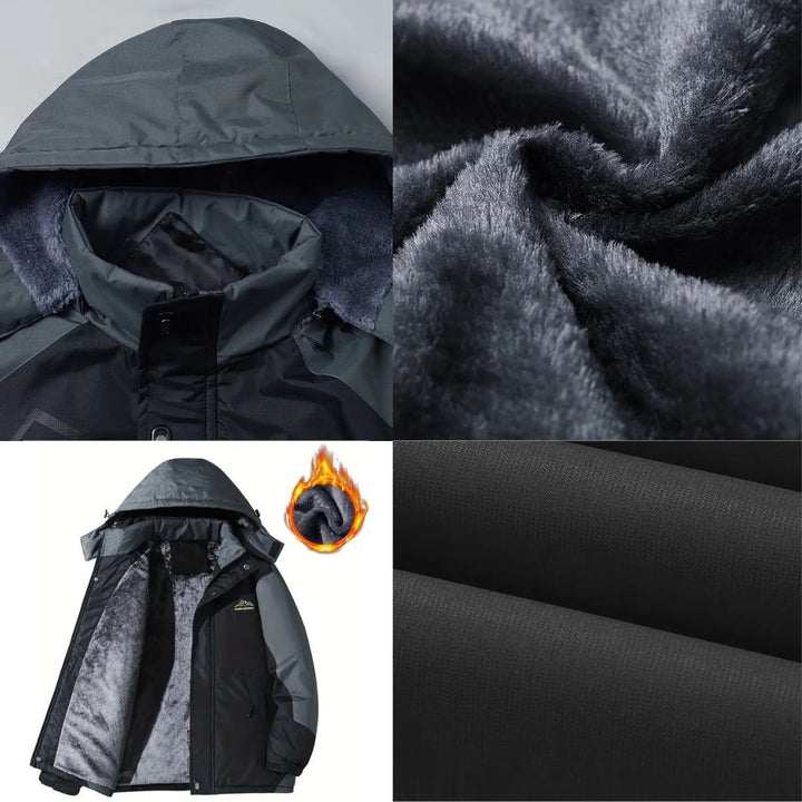 Herren-Outdoorjacke mit Kapuze, wasserdicht und winddicht, stilvolles Color-Block-Design, ideal für Herbst und Winter.