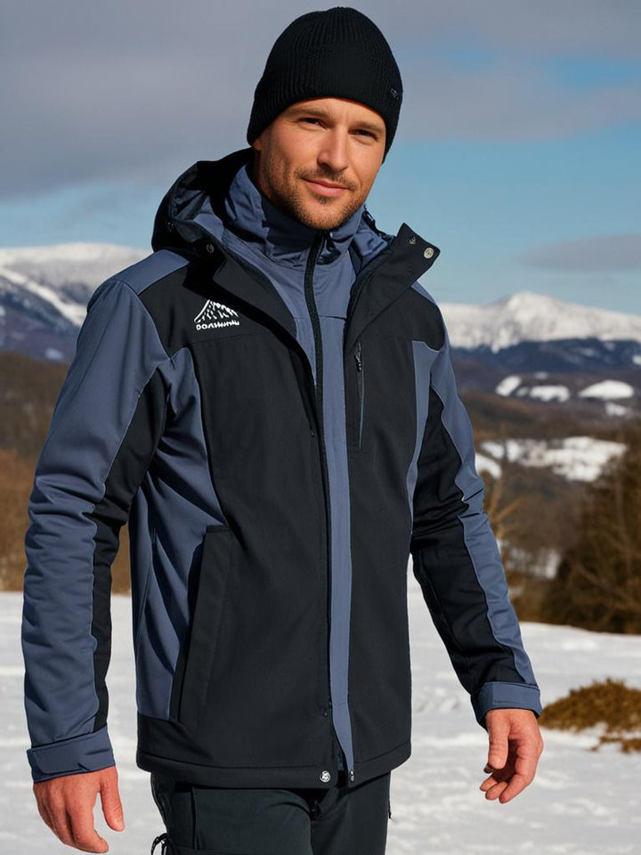 Herren-Outdoorjacke mit Kapuze, wasserdicht und winddicht, stilvolles Color-Block-Design, ideal für Herbst und Winter.