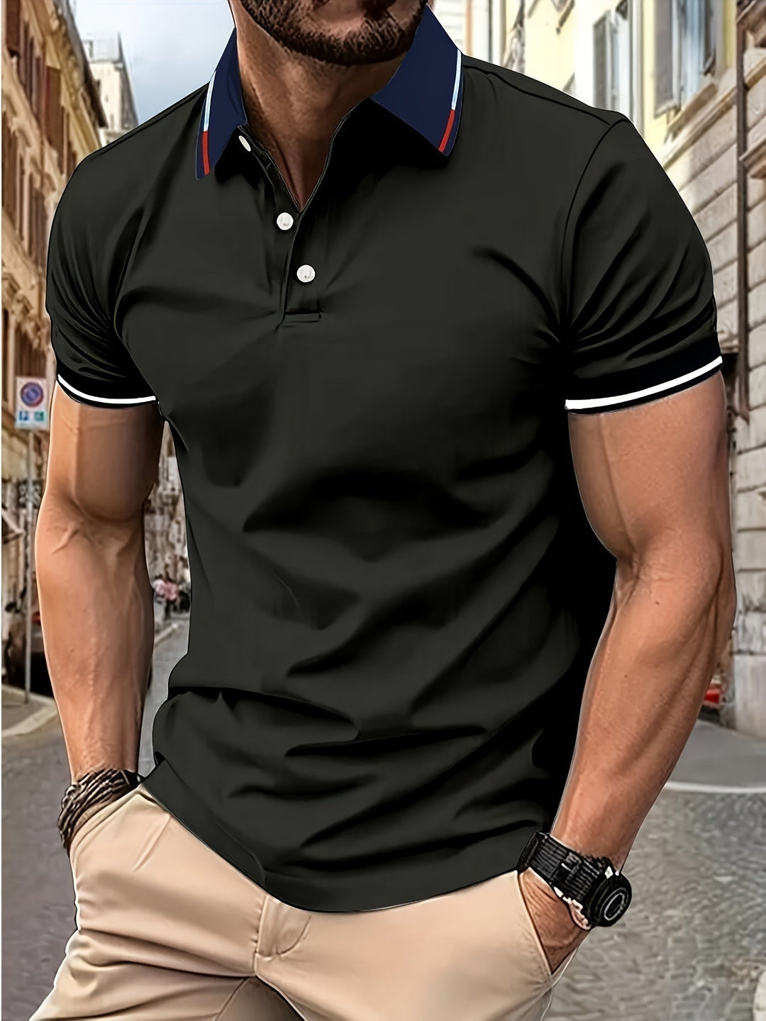 "Herren Polo-Hemd in Blauer See, Knopfdetail, Reverskragen, atmungsaktiv, leicht, ideal für Golf und Freizeit, Frontansicht."