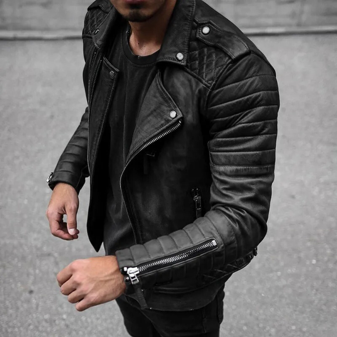 "Herren Premium Bikerjacke, wasserdicht, windfest, figurbetont, ideal für wechselhaftes Wetter, elegantes Design."