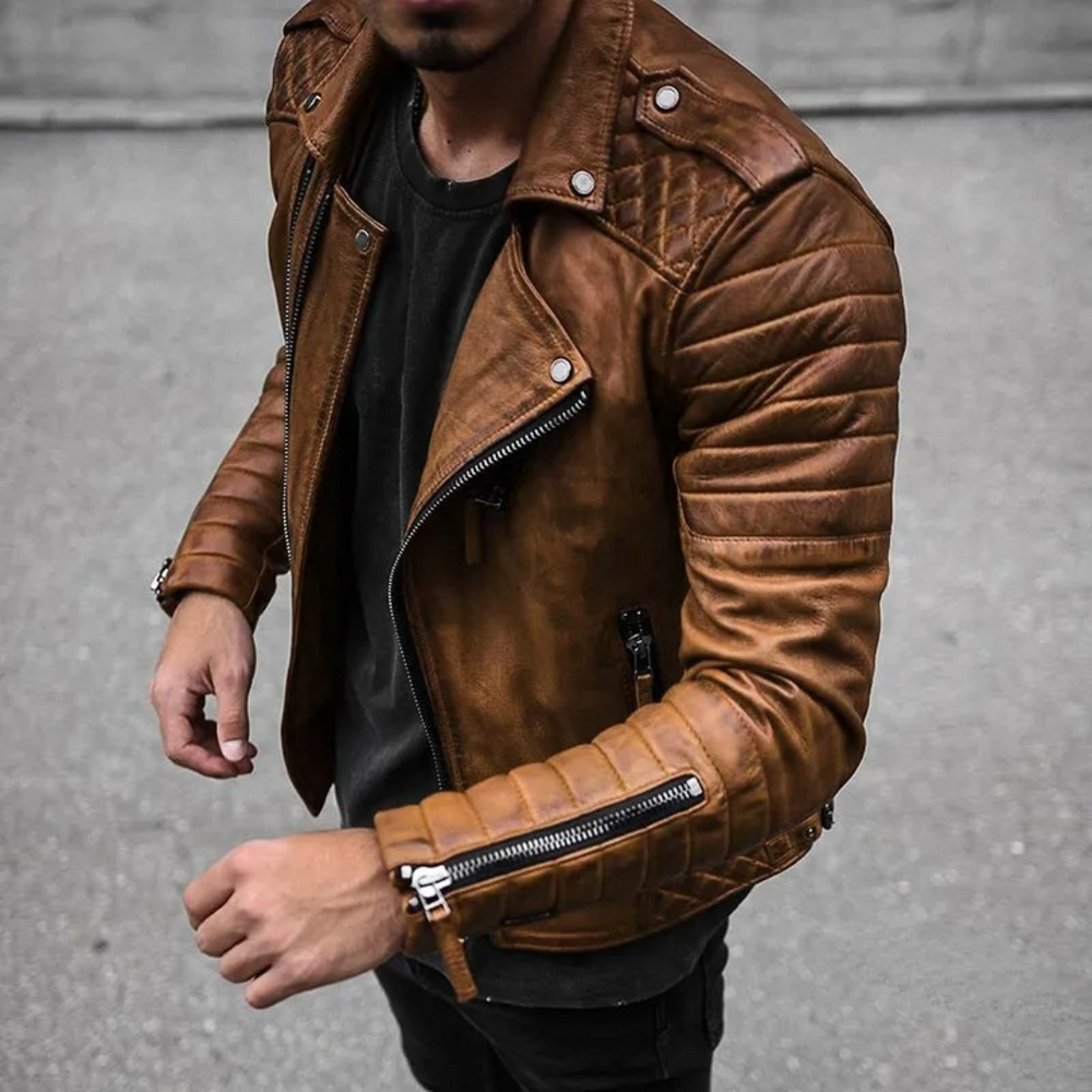 "Herren Premium Bikerjacke, wasserdicht, windfest, figurbetont, ideal für wechselhaftes Wetter, elegantes Design."