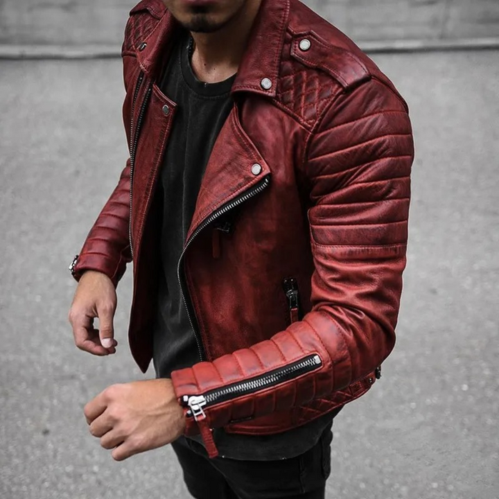 "Herren Premium Bikerjacke, wasserdicht, windfest, figurbetont, ideal für wechselhaftes Wetter, elegantes Design."