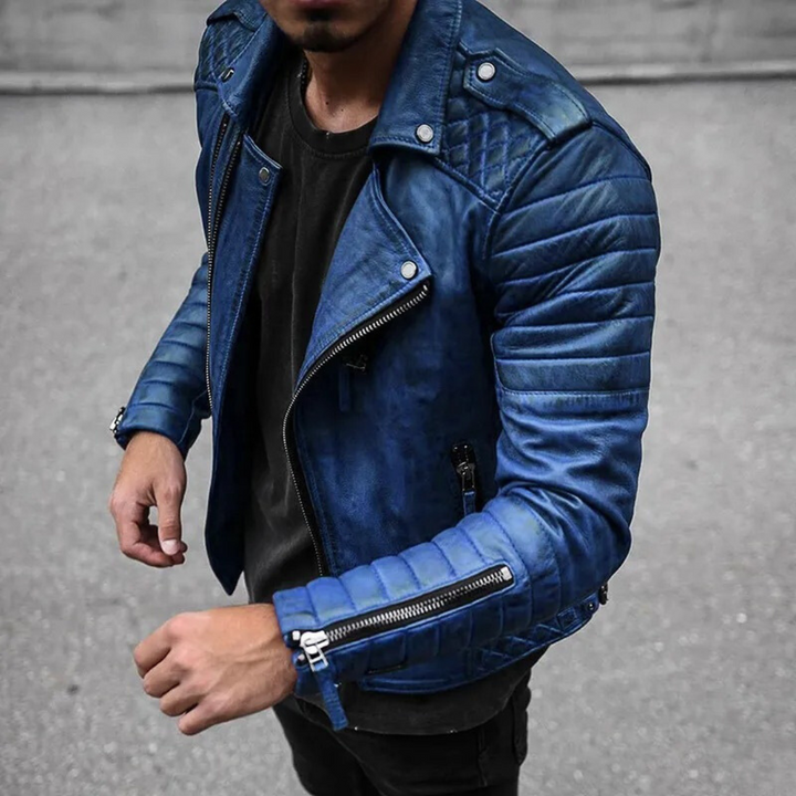 "Herren Premium Bikerjacke, wasserdicht, windfest, figurbetont, ideal für wechselhaftes Wetter, elegantes Design."