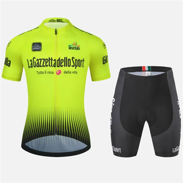"Herren-Radsportset mit aerodynamischem Design in stilvollen Sommerfarben, ideal für ambitionierte Radfahrer."