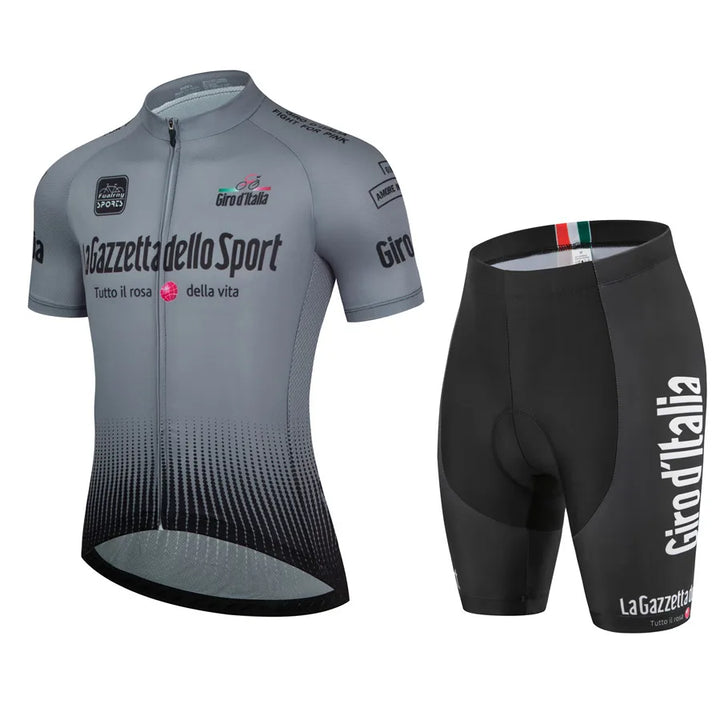 "Herren-Radsportset mit aerodynamischem Design in stilvollen Sommerfarben, ideal für ambitionierte Radfahrer."
