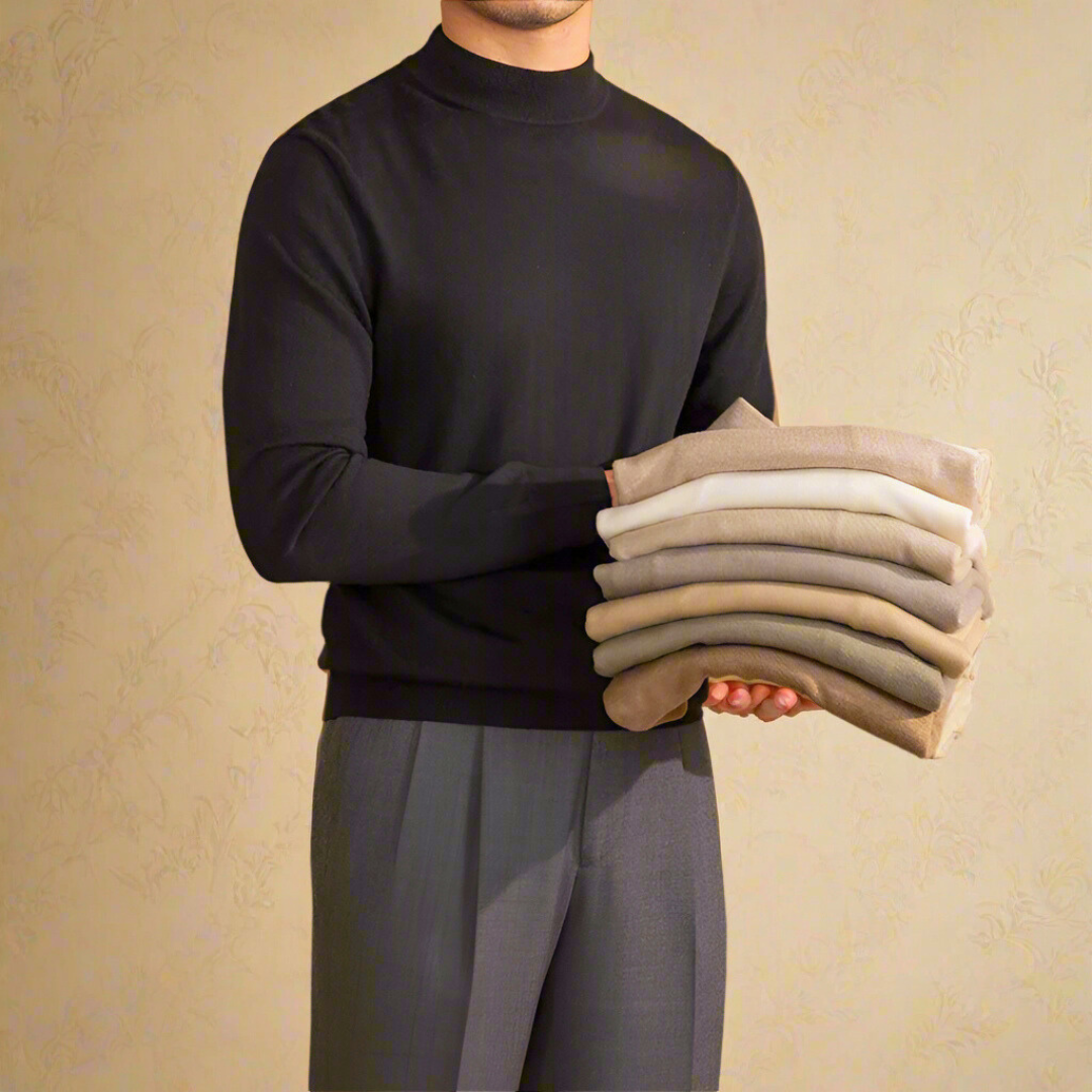 "Herren Rollkragen-Pullover aus Wolle, elegant und klassisch, in zeitlosem Design, ideal für formelle und lässige Anlässe."