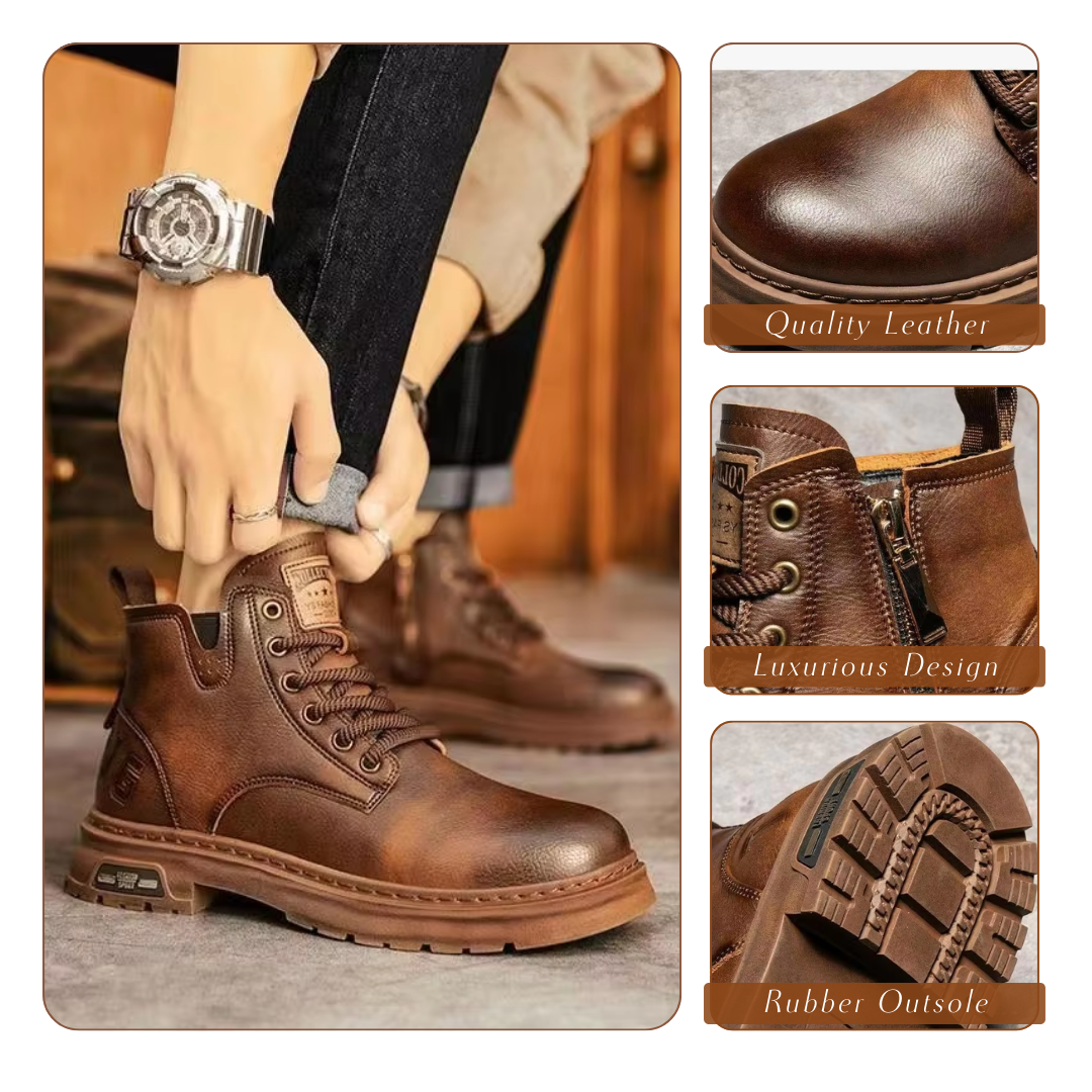 "Herren Schnürstiefel aus Echtleder mit Reißverschluss, zeitloses Design, robuste Struktur, elegante braune Farbe"