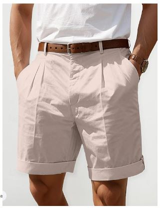 "Herren Sommer Leinen Shorts, atmungsaktiv, plissiertes Design, in Beige, Grün, Marineblau, Schwarz und Weiß erhältlich."