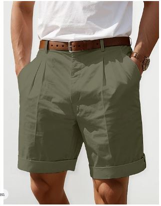"Herren Sommer Leinen Shorts, atmungsaktiv, plissiertes Design, in Beige, Grün, Marineblau, Schwarz und Weiß erhältlich."