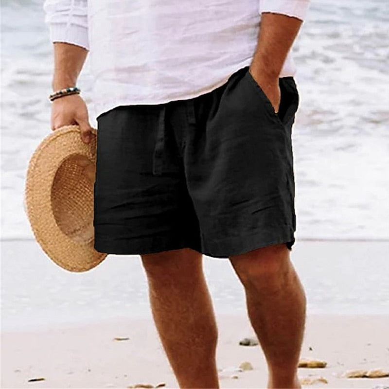 "Herren Sommer Shorts, leichtes Material, bequemer Schnitt, beige, ideal für Strand und Freizeit, mit Taschen und Kordelzug."