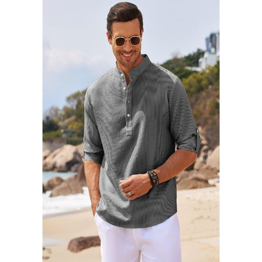 "Herren Sommerhemd mit Stehkragen, halb geknöpft, leicht, weiß, modernes Design, elegant und atmungsaktiv, lässig und stilvol