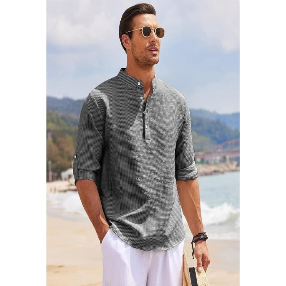 "Herren Sommerhemd mit Stehkragen, halb geknöpft, leicht, weiß, modernes Design, elegant und atmungsaktiv, lässig und stilvol