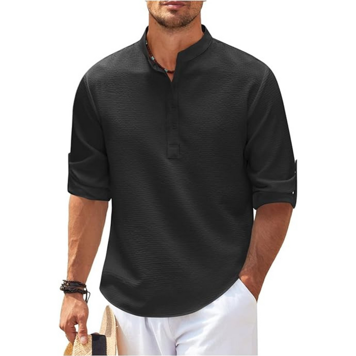 "Herren Sommerhemd mit Stehkragen, halb geknöpft, leicht, weiß, modernes Design, elegant und atmungsaktiv, lässig und stilvol