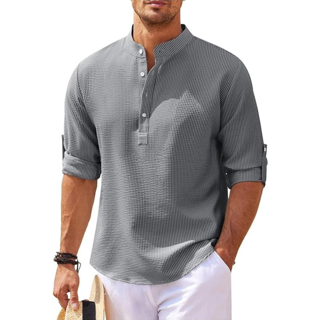 "Herren Sommerhemd mit Stehkragen, halb geknöpft, leicht, weiß, modernes Design, elegant und atmungsaktiv, lässig und stilvol
