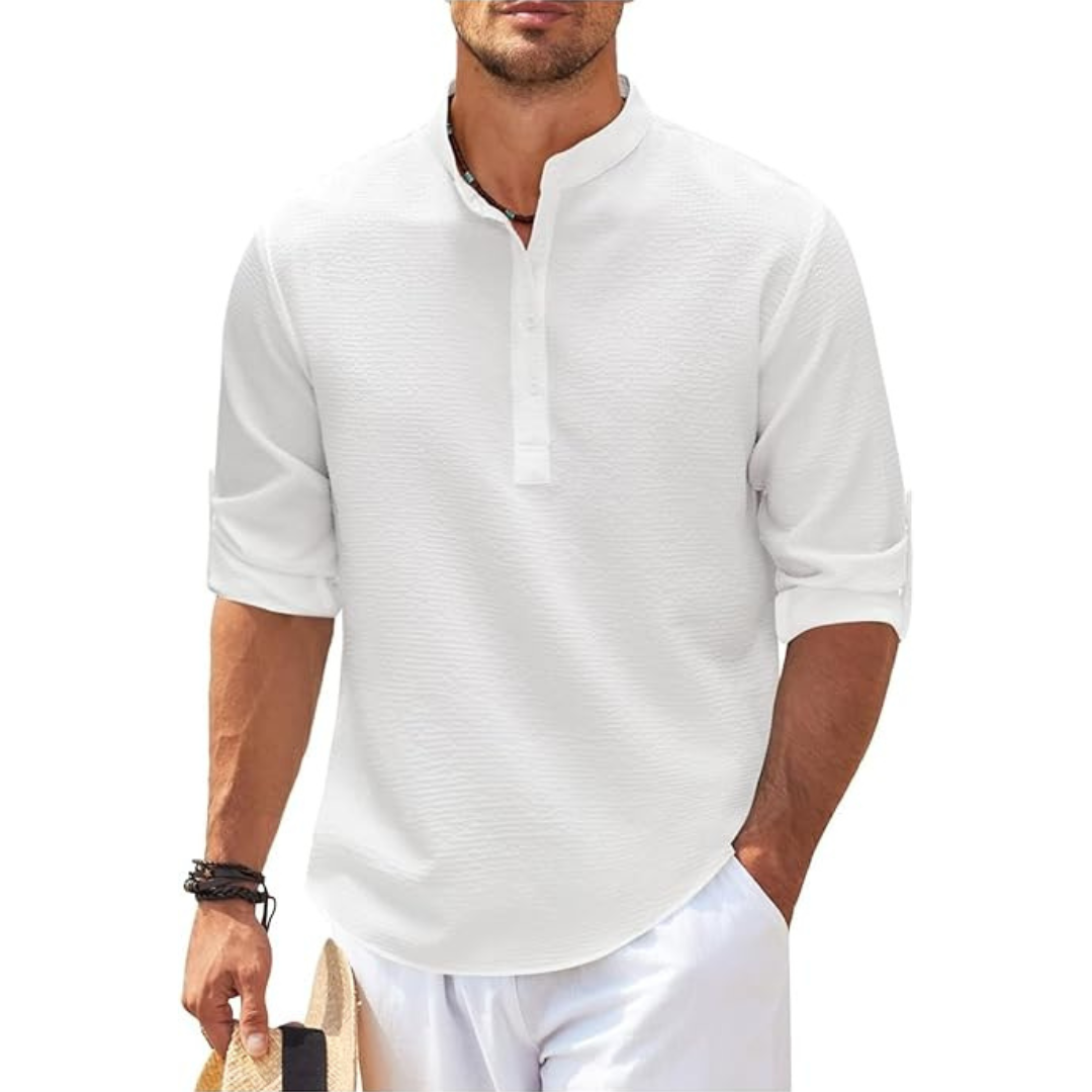 "Herren Sommerhemd mit Stehkragen, halb geknöpft, leicht, weiß, modernes Design, elegant und atmungsaktiv, lässig und stilvol