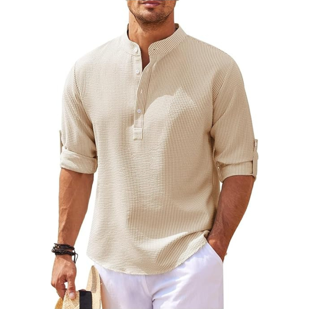 "Herren Sommerhemd mit Stehkragen, halb geknöpft, leicht, weiß, modernes Design, elegant und atmungsaktiv, lässig und stilvol