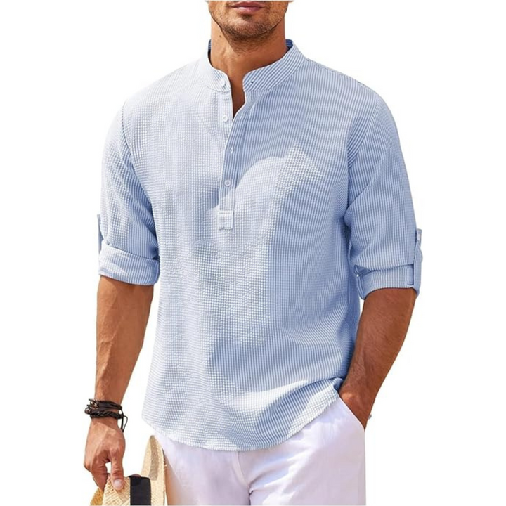 "Herren Sommerhemd mit Stehkragen, halb geknöpft, leicht, weiß, modernes Design, elegant und atmungsaktiv, lässig und stilvol