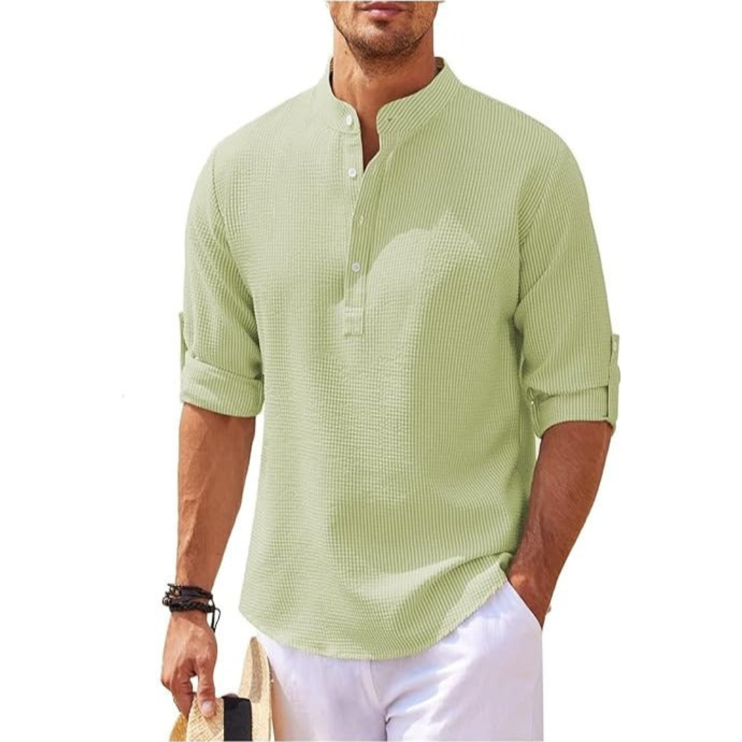 "Herren Sommerhemd mit Stehkragen, halb geknöpft, leicht, weiß, modernes Design, elegant und atmungsaktiv, lässig und stilvol