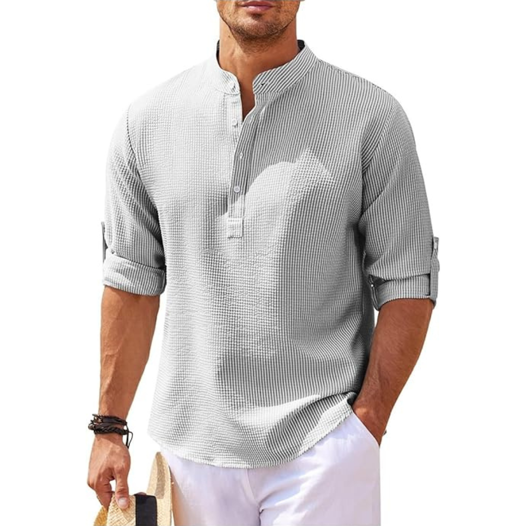 "Herren Sommerhemd mit Stehkragen, halb geknöpft, leicht, weiß, modernes Design, elegant und atmungsaktiv, lässig und stilvol