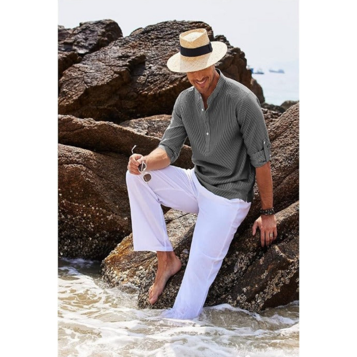 "Herren Sommerhemd mit Stehkragen, halb geknöpft, leicht, weiß, modernes Design, elegant und atmungsaktiv, lässig und stilvol