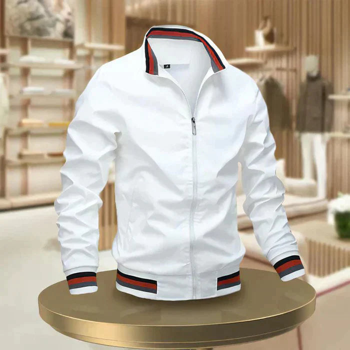 Herren Sommerjacke, leicht, stilvoll, mit Reißverschluss und hohem Kragen, ideal für warme Tage, modernes Design.