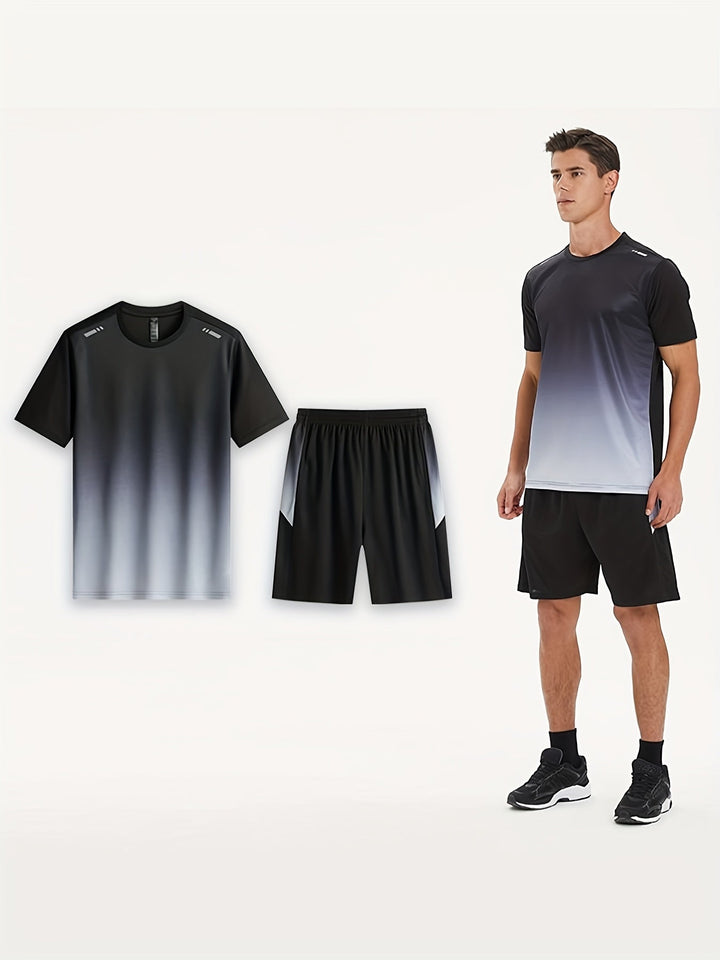 "Herren Sport-Set: Atmungsaktives T-Shirt und Shorts, trendiges Gradient-Design in Grün, Blau, Gelb und Weiß."
