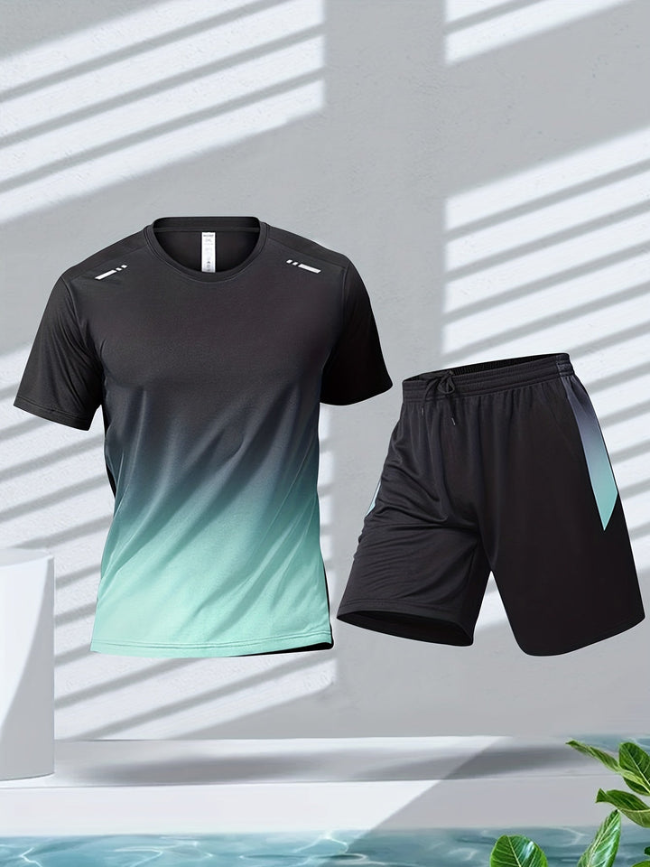 "Herren Sport-Set: Atmungsaktives T-Shirt und Shorts, trendiges Gradient-Design in Grün, Blau, Gelb und Weiß."