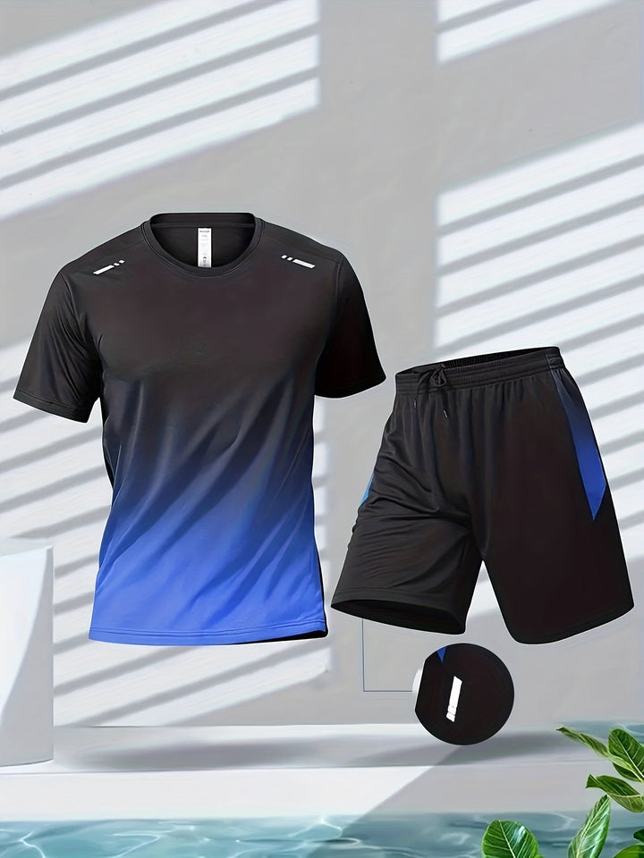 "Herren Sport-Set: Atmungsaktives T-Shirt und Shorts, trendiges Gradient-Design in Grün, Blau, Gelb und Weiß."