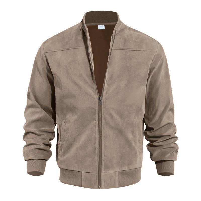 "Herren Vintage Wildlederjacke mit Stehkragen, braun, luxuriöse Textur, zeitloser Stil, elegant und gemütlich, vielseitig."