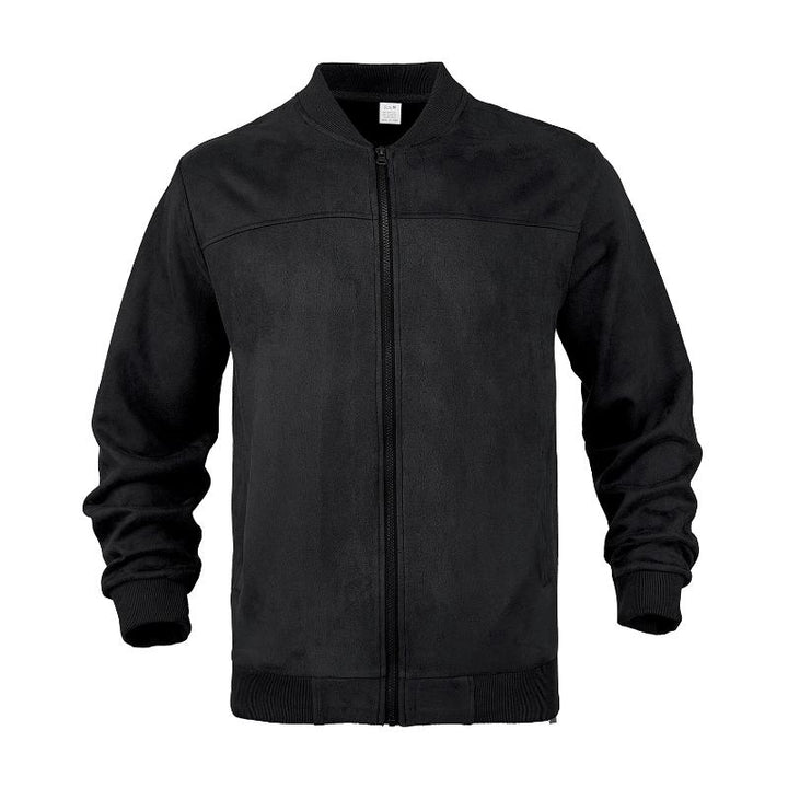 "Herren Vintage Wildlederjacke mit Stehkragen, braun, luxuriöse Textur, zeitloser Stil, elegant und gemütlich, vielseitig."