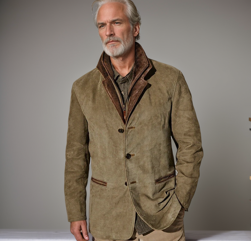"Herren Wildlederjacke mit modernem Lederbesatz, klassisches Design, hochwertige Verarbeitung, vielseitig tragbar."