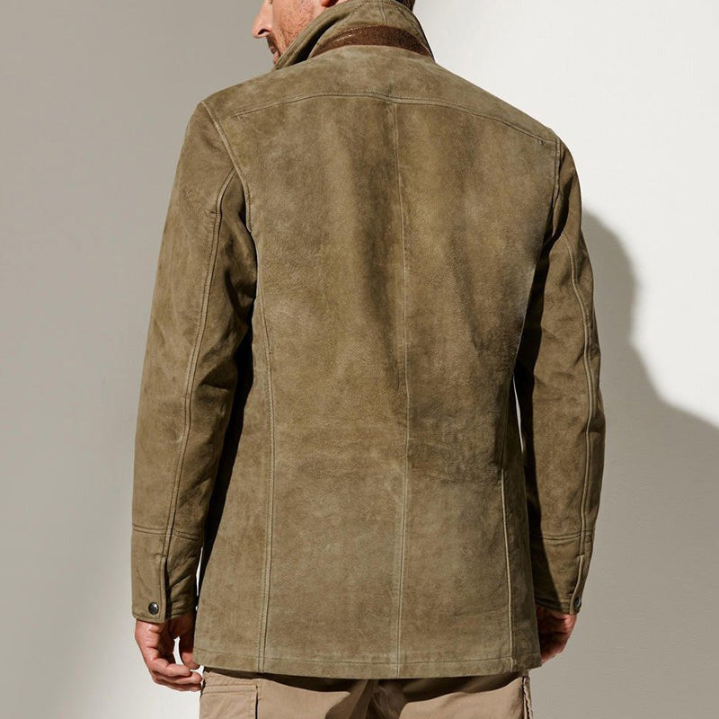 "Herren Wildlederjacke mit modernem Lederbesatz, klassisches Design, hochwertige Verarbeitung, vielseitig tragbar."