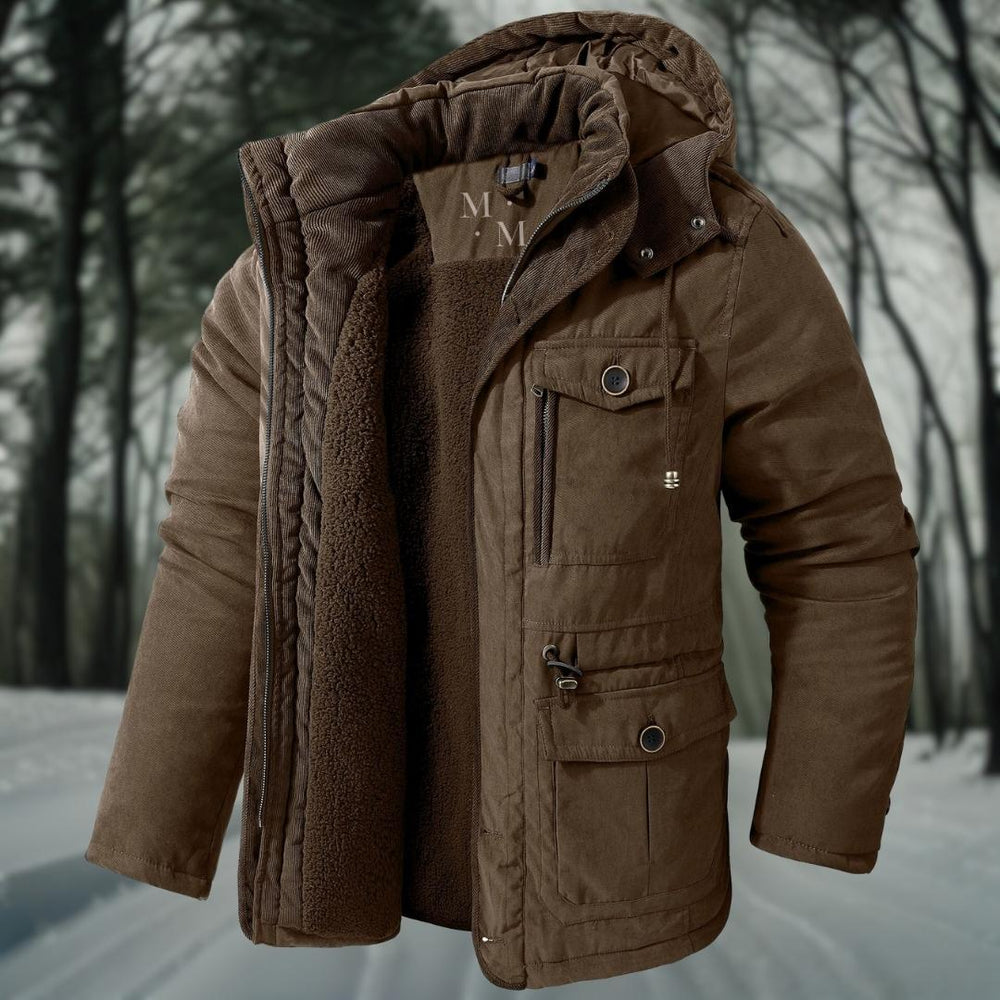 "Herren Windbreaker Jacke, gefüttert, zeitloses Design, perfekt für Outdoor, in Armeegrün, Blau, Braun und Grau erhältlich."