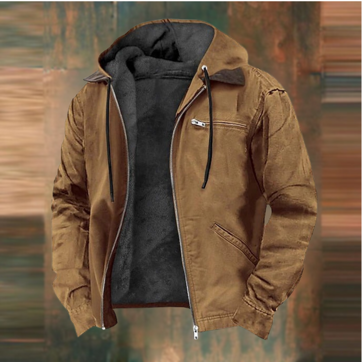 "Herren Winter-Kapuzenjacke mit mehreren Taschen, eleganter Schnitt, wetterfest und funktional für kalte Tage."