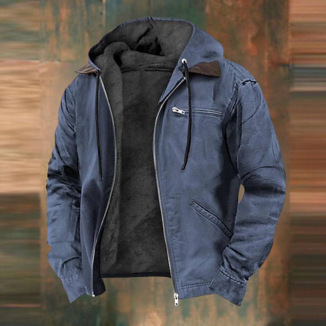 "Herren Winter-Kapuzenjacke mit mehreren Taschen, eleganter Schnitt, wetterfest und funktional für kalte Tage."