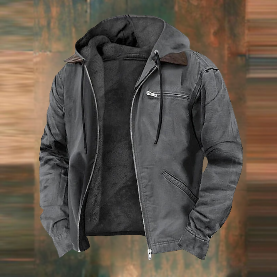 "Herren Winter-Kapuzenjacke mit mehreren Taschen, eleganter Schnitt, wetterfest und funktional für kalte Tage."