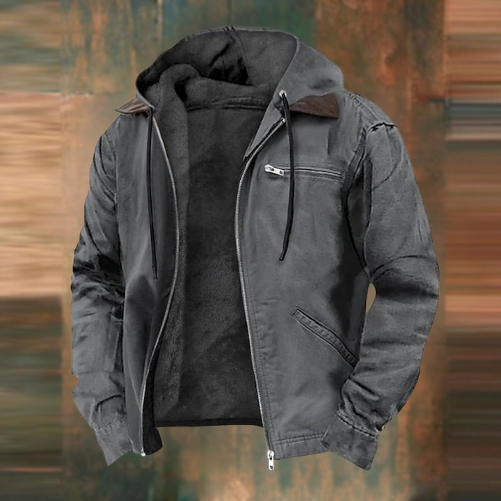 "Herren Winter-Kapuzenjacke mit mehreren Taschen, eleganter Schnitt, wetterfest und funktional für kalte Tage."