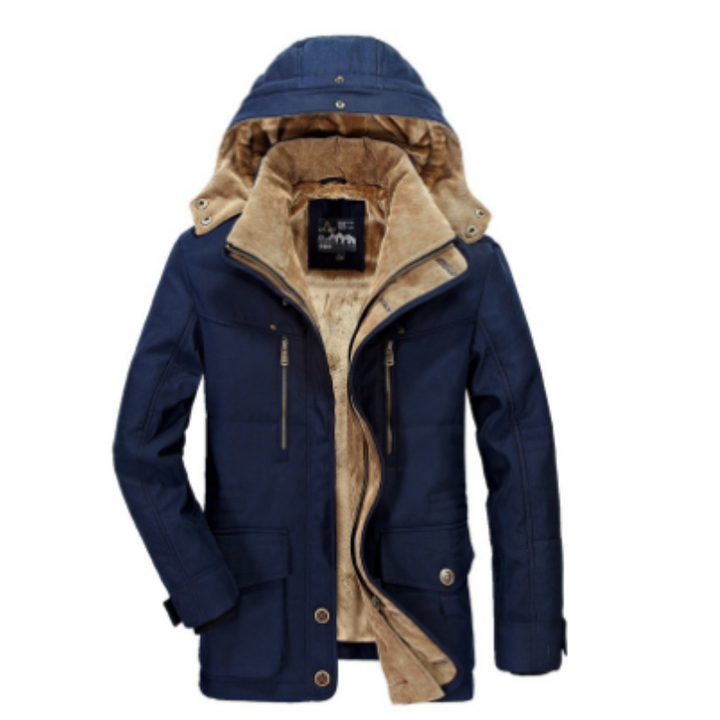 "Herren Winterjacke mit Kapuze, klassisches Design, hochwertige Isolation, schützt vor Wind und Regen, ideal bei Kälte."