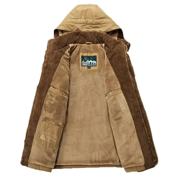 "Herren Winterjacke mit Kapuze, klassisches Design, hochwertige Isolation, schützt vor Wind und Regen, ideal bei Kälte."
